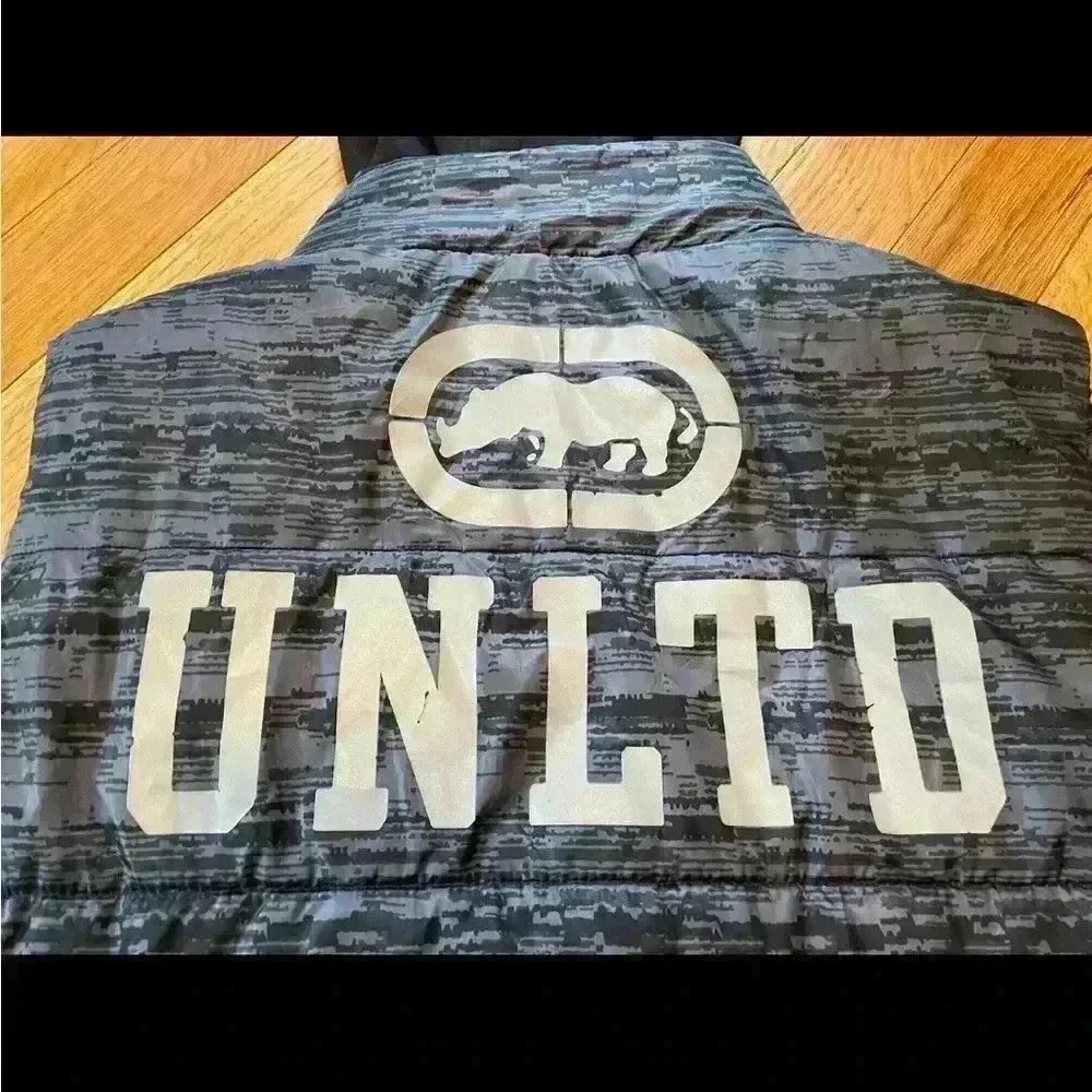 Ecko Unltd Hoodie Puffer Vest Mens Size XXL Zip Closure Pocket Gray Camo Print